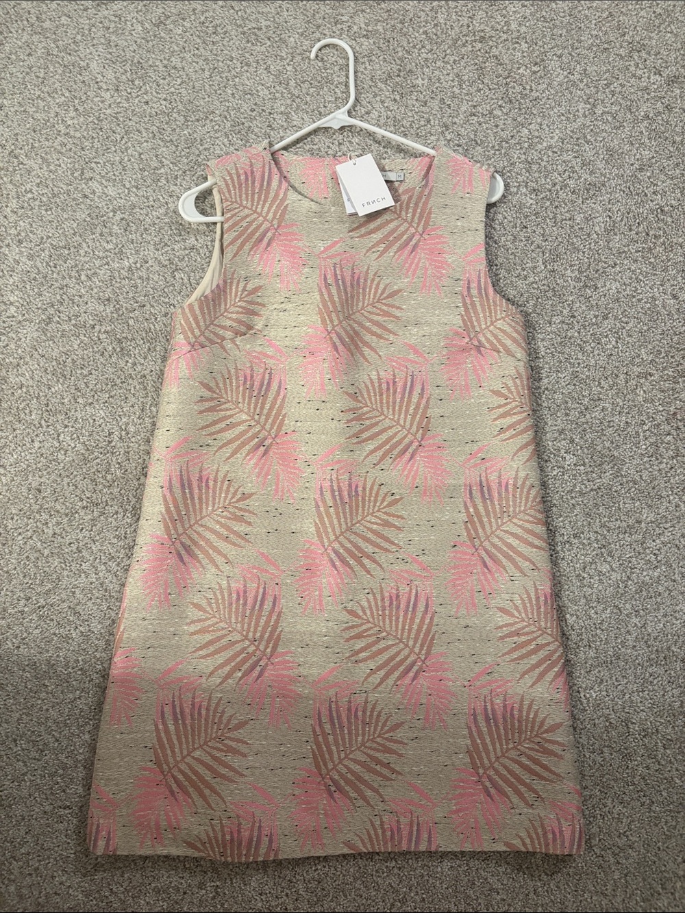 FRNCH Beige Shift Dress with Pink Palm Print